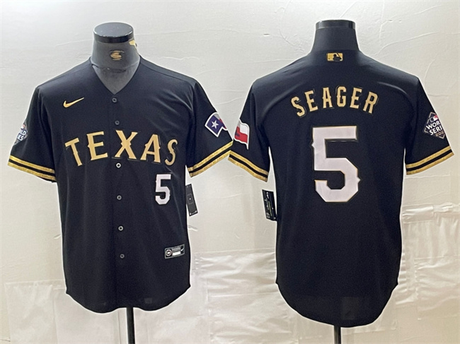 Men's Texas Rangers #5 Corey Seager Black Gold With Patch Cool Base Stitched Baseball Jersey Men's Texas Rangers #5 Corey Seager Black Gold With Patch Cool Base Stitched Baseball Jersey